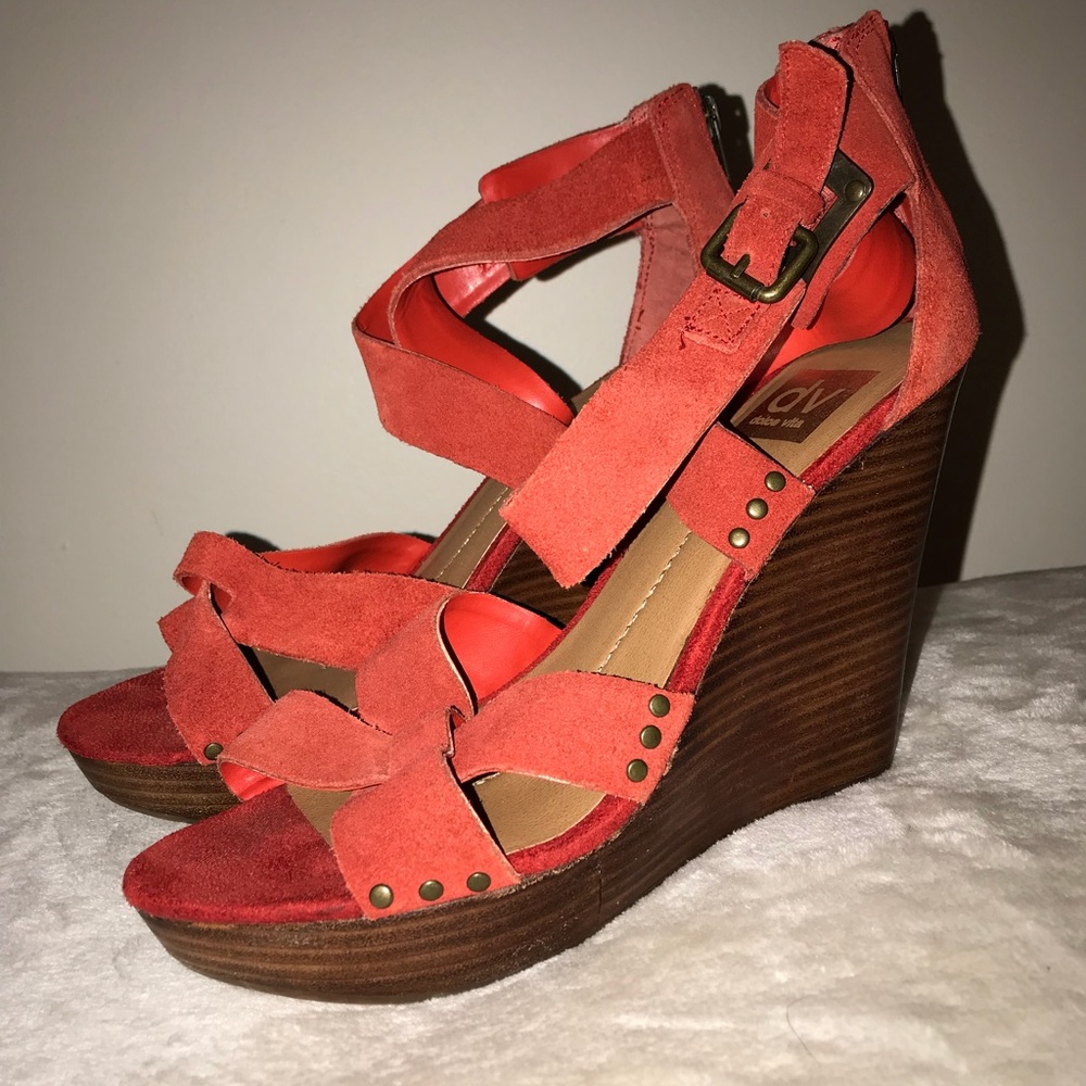 WORN ONCE Red Wedge Strappy Heels